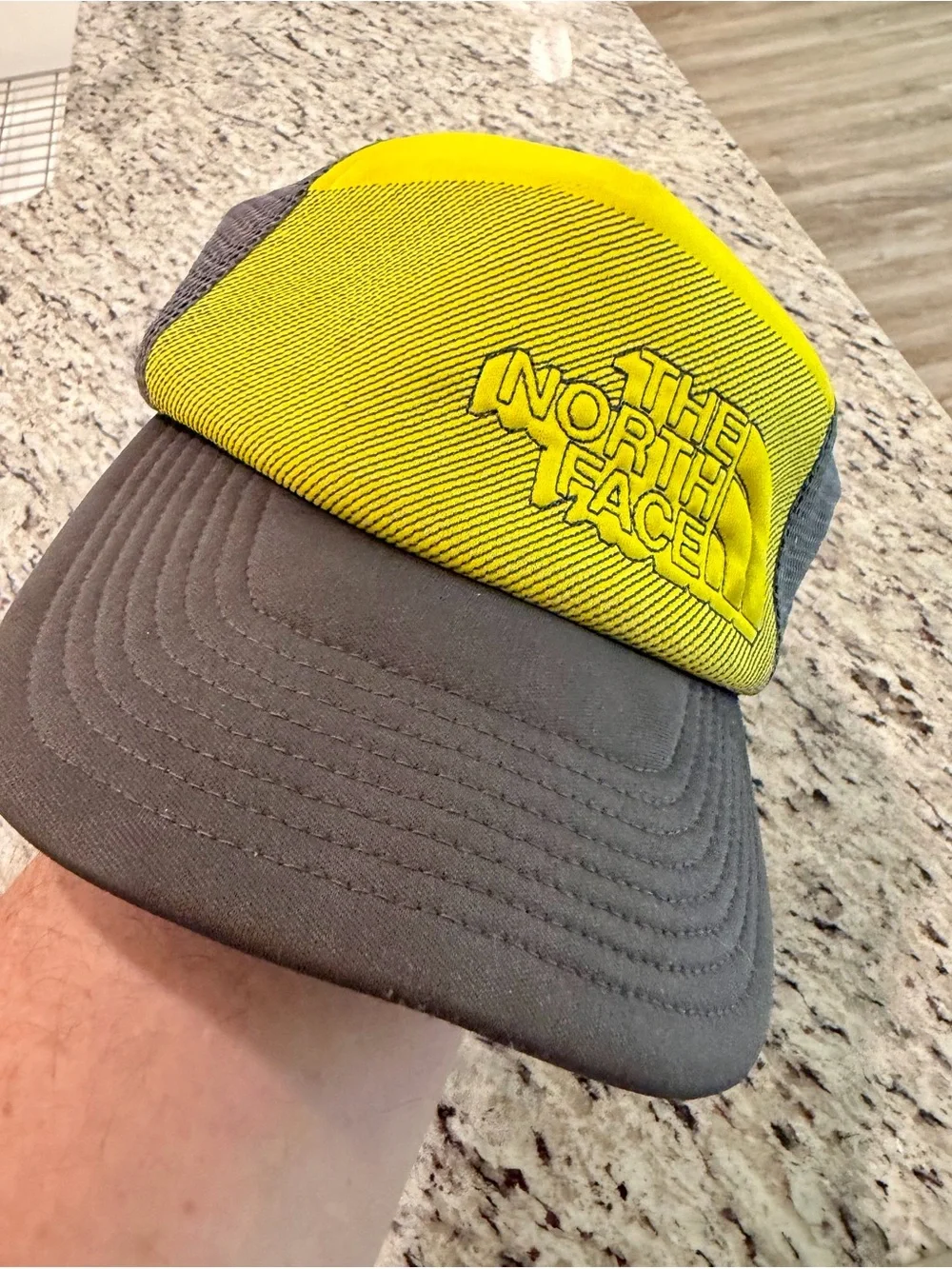 The North Face Cross Stitch Trucker Hat Cap Snapback One Size Yellow Gray
